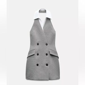 Gray Halter Neck Double-Breasted Dress